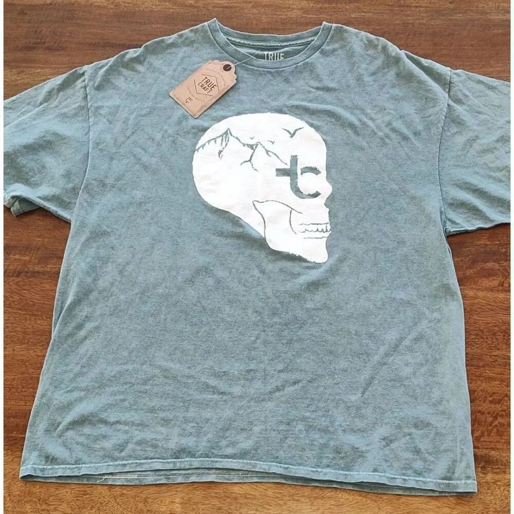 True Craft Skull Logo graphic T shirt Green mineral wash XL NWT